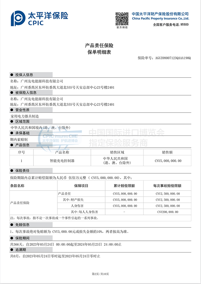 产品责任保险保单明细表